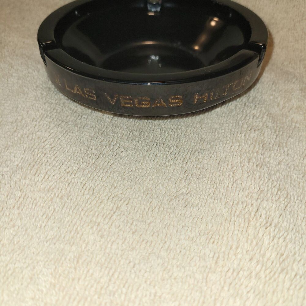 LAS VEGAS HILTON BLACK ASHTRAY WITH BRONZE LETTERING